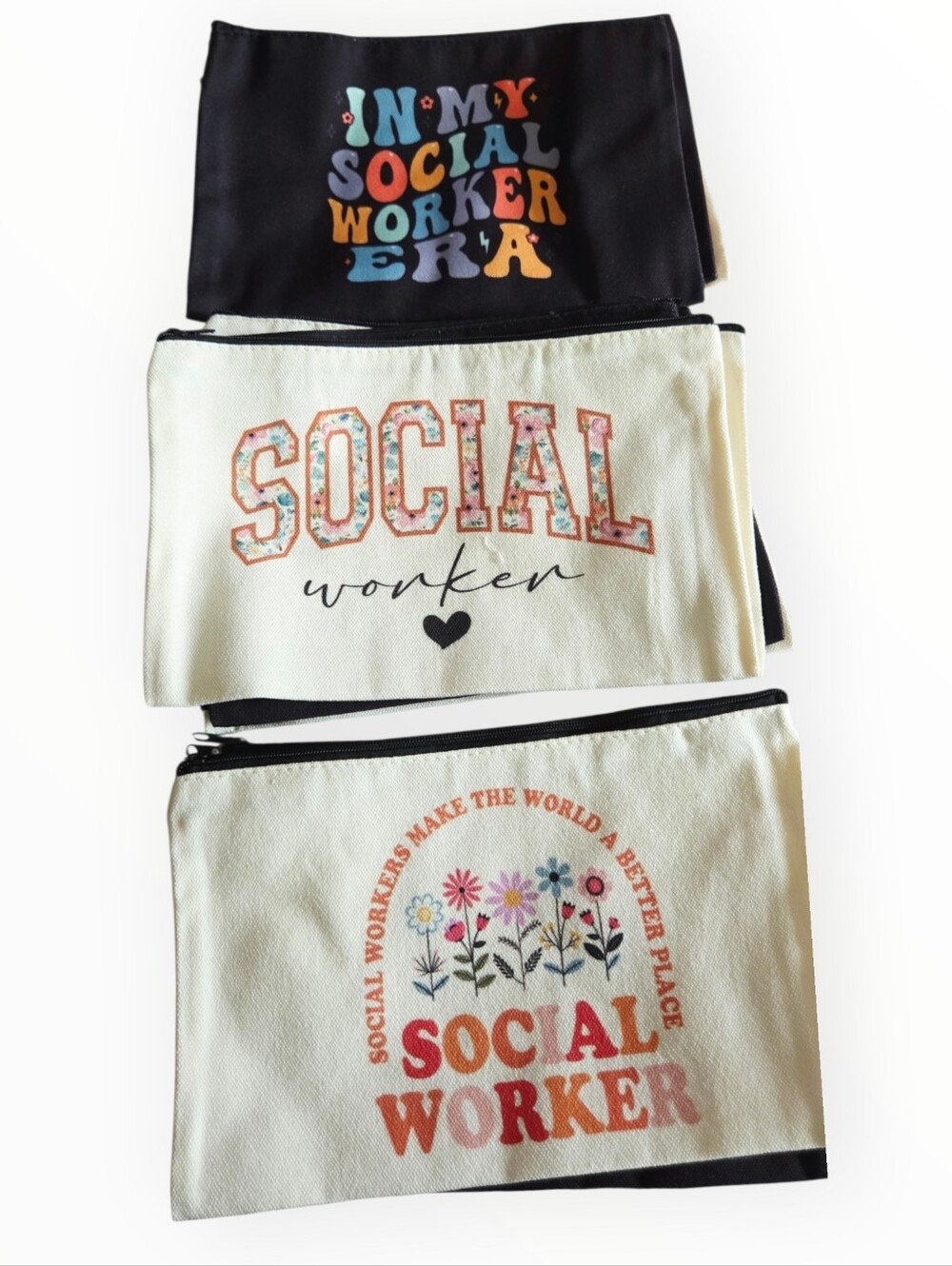 Social Worker Canvas Pouchs - Cream & Black 12 pc gifts
